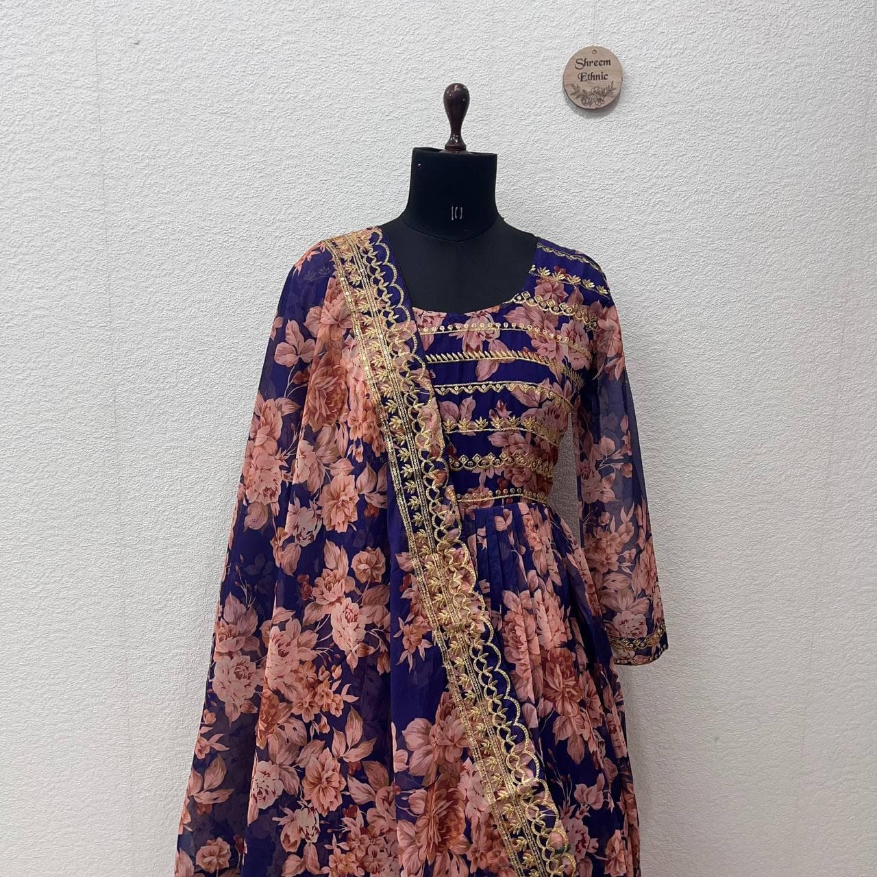 Floral Anarkali Gown with Dupatta: Embroidered Sequins, Indian Party Wear - image 4