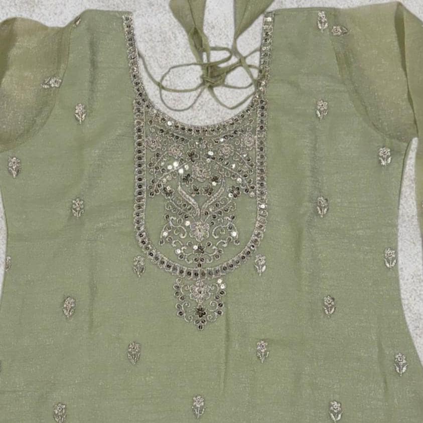Green Silk Kurta Palazzo Sharara Set, Embroidered Ethnic Indian Wear - image 4