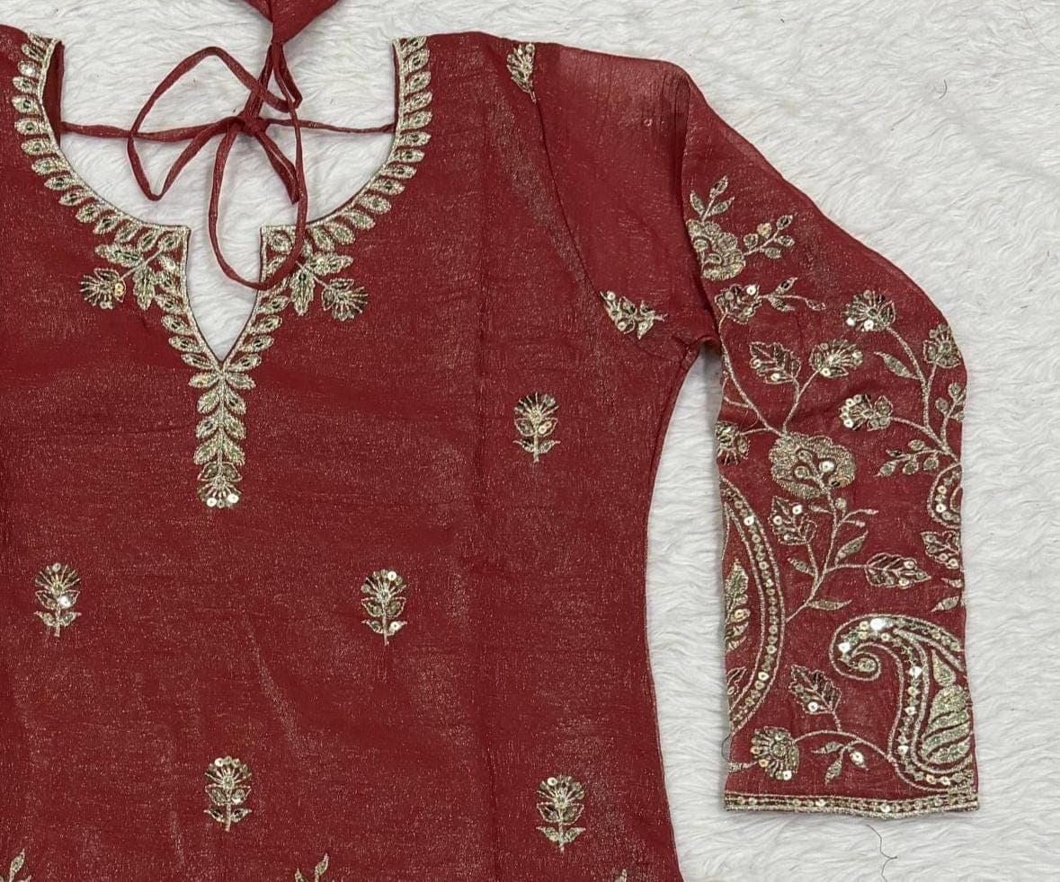 Red Silk Palazzo Set: Sequins Embroidered Indian Sharara Outfit - image 4