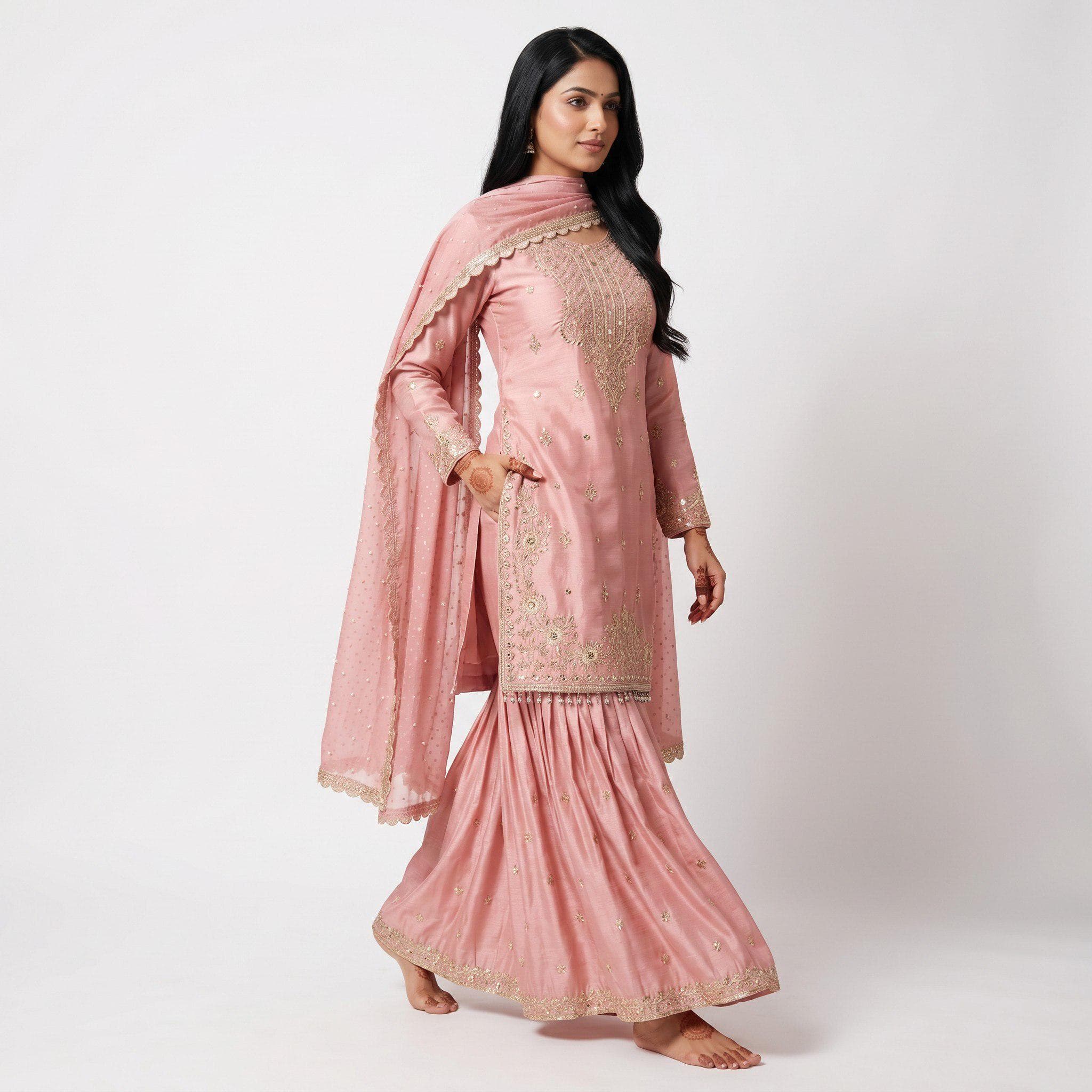 Peach Chinon Kurti Palazzo Set with Embroidery and Moti Work, Designer Ethnic Sharara
