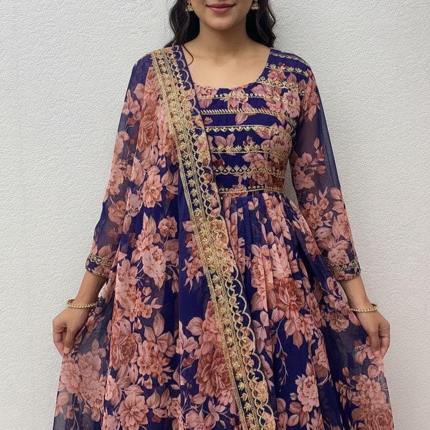 Floral Anarkali Gown with Dupatta: Embroidered Sequins, Indian Party Wear