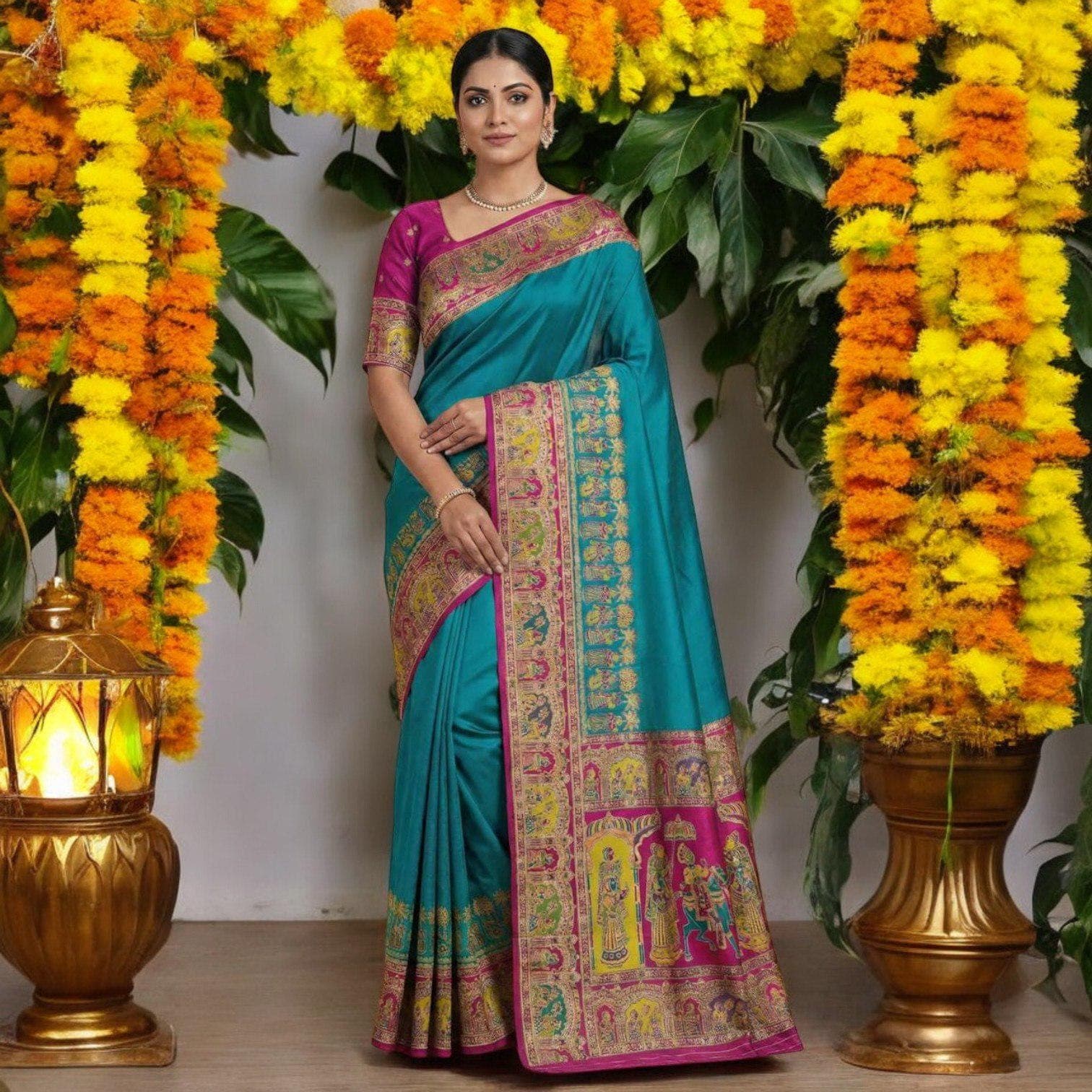 Pashmina Silk Saree | Multicolor Paisley Border, Kashmiri Threadwork - image 3
