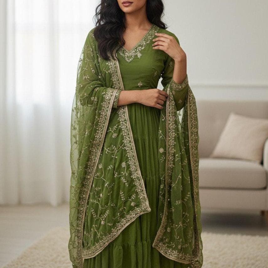 Green Embroidered Anarkali Gown with Dupatta, Indian Wedding Dress