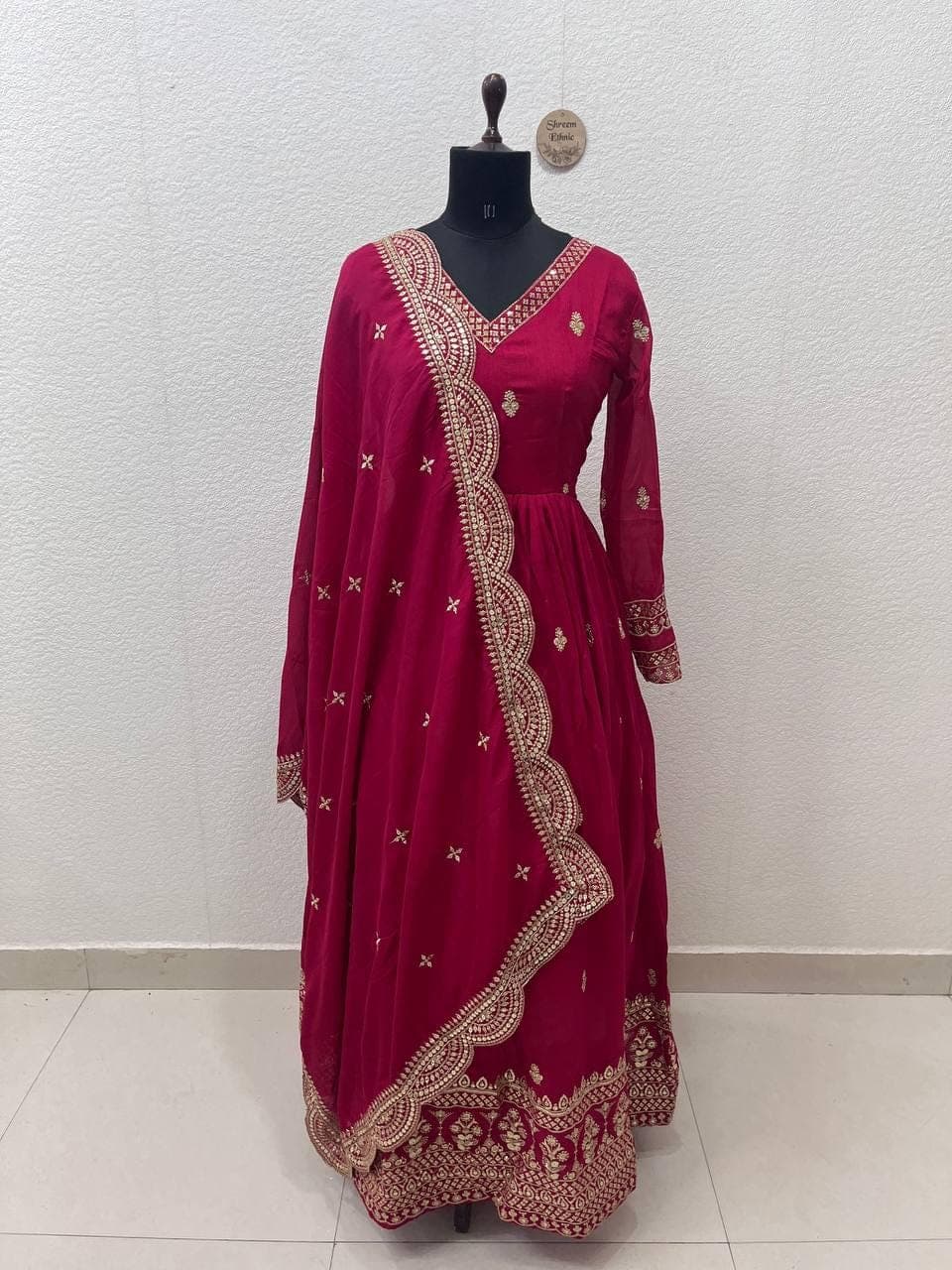 Vichitra Silk Anarkali Gown with Dupatta: Zari Embroidered Indian Wedding Dress - image 4