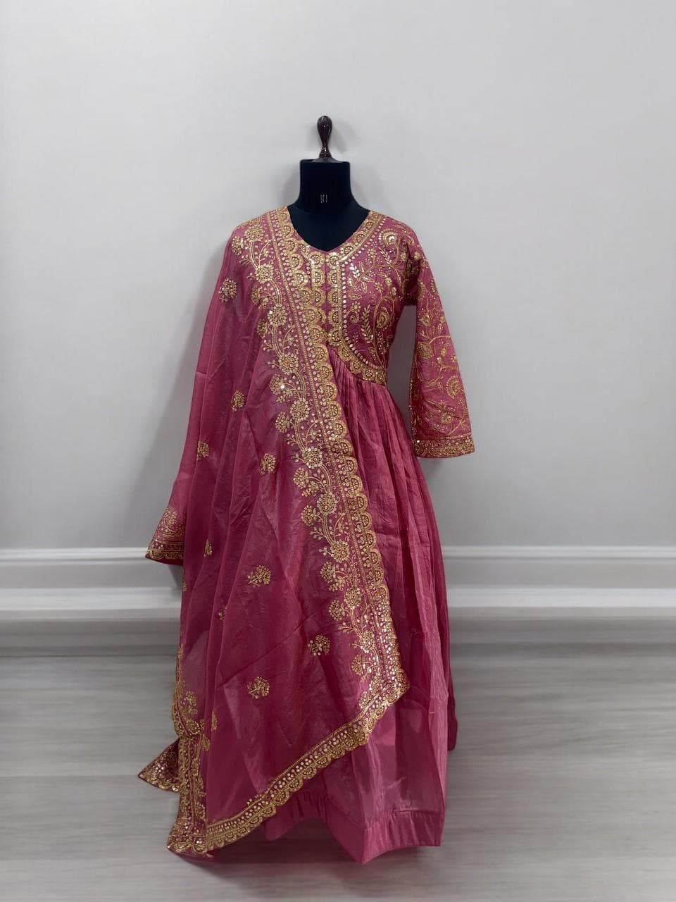 Crush Silk Anarkali Gown with Embroidered Dupatta, Readymade Partywear - image 5