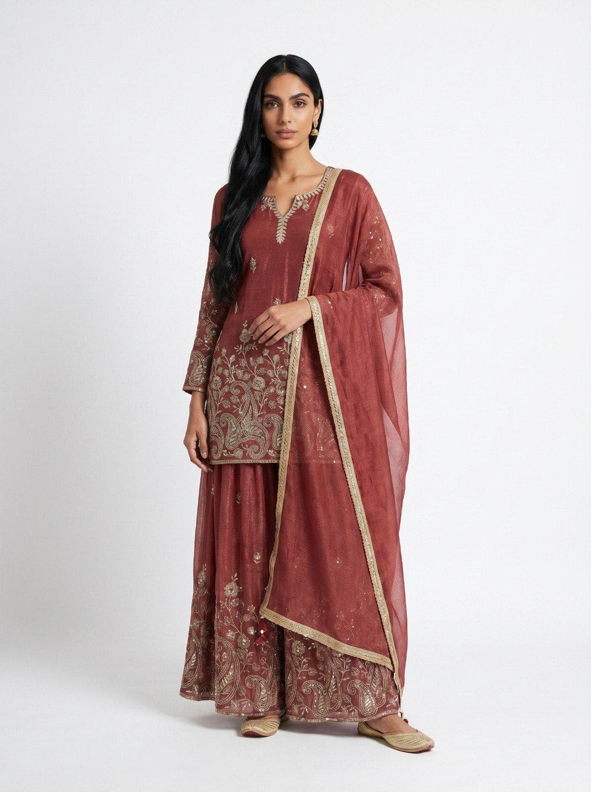 Red Silk Palazzo Set: Sequins Embroidered Indian Sharara Outfit