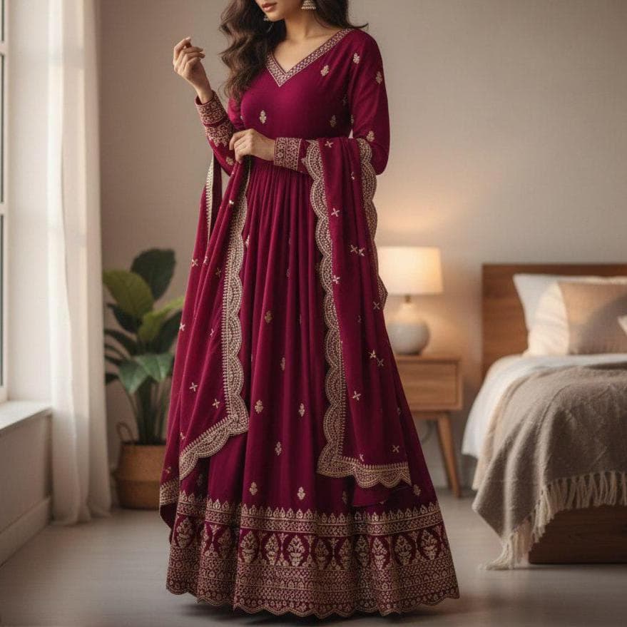 Vichitra Silk Anarkali Gown with Dupatta: Zari Embroidered Indian Wedding Dress