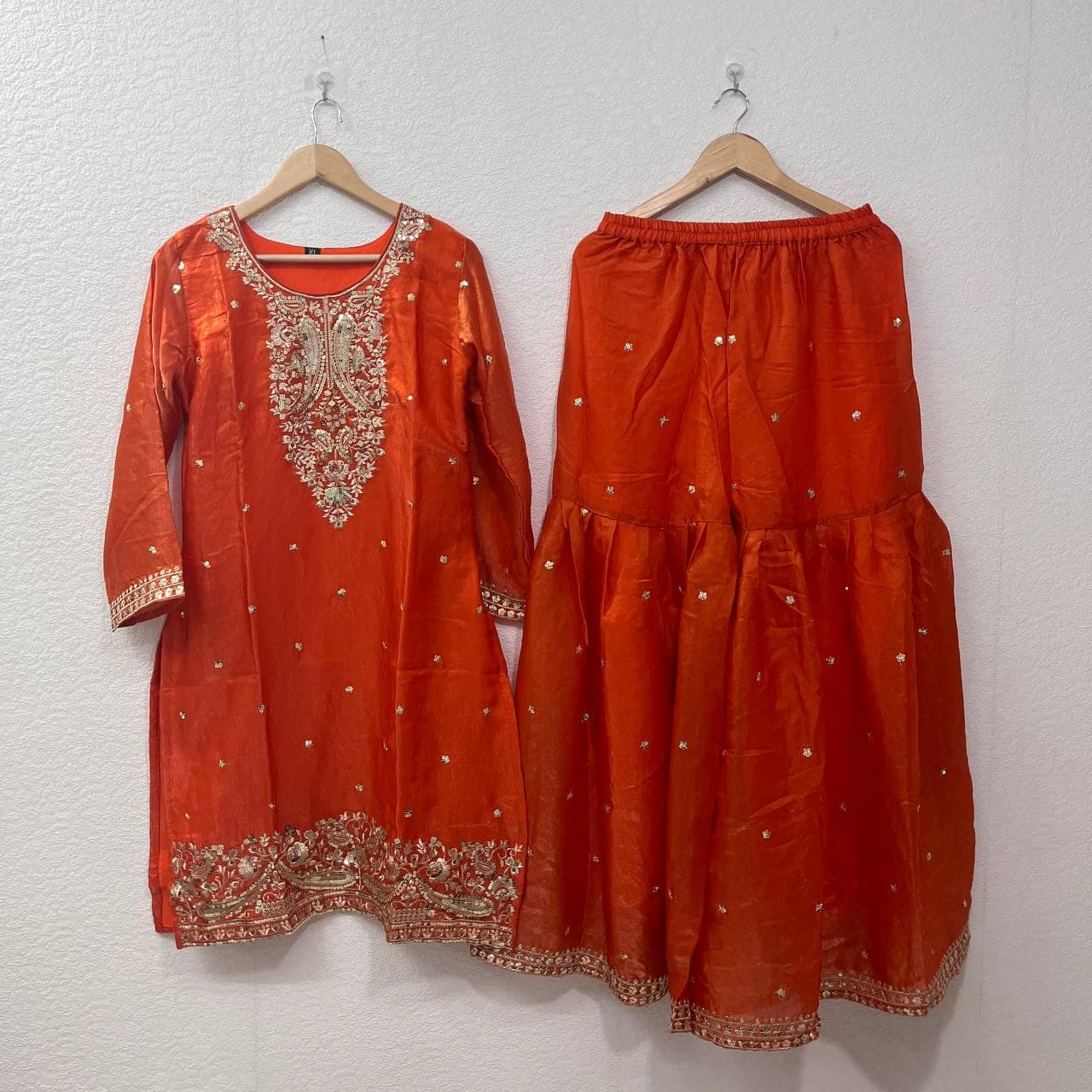 Designer Orange Fandy Silk Embroidery Sequins Work Suit for Women, Ready to Wear Party Wear Ethnic Dress