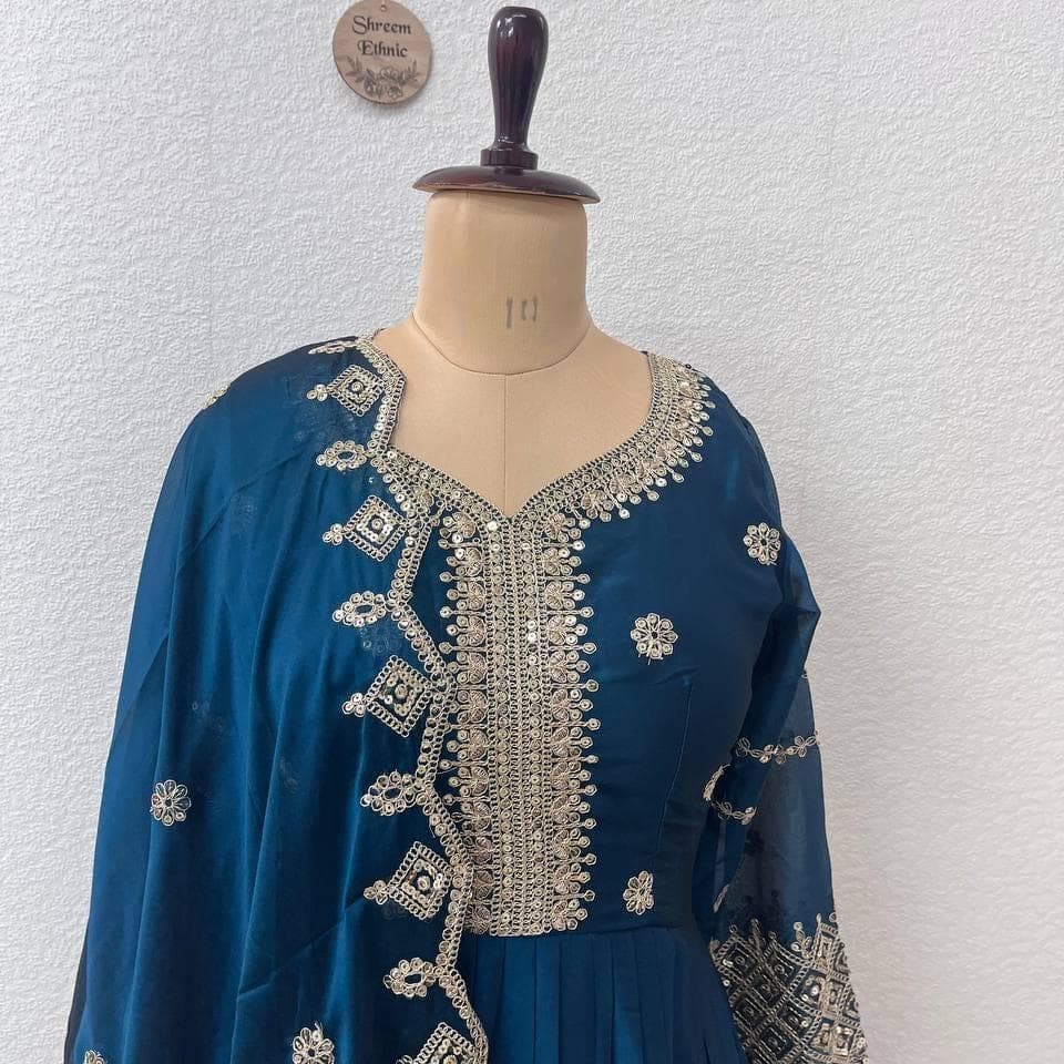 Embroidered Anarkali Gown, Heavy Noha Silk, Wedding Ethnic Outfit For Women - image 4