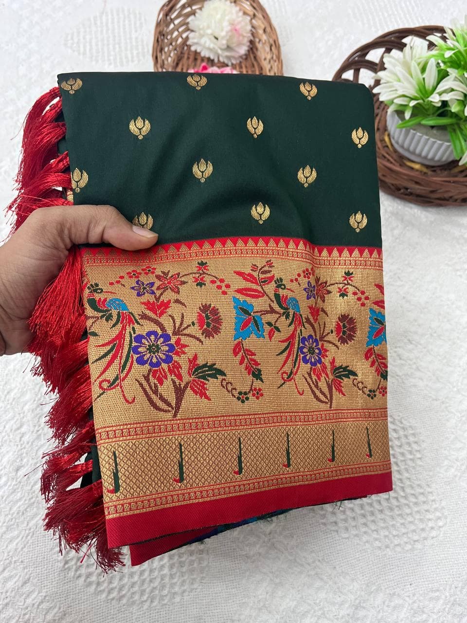 Handwoven Paithani Silk Saree with Golden Zari & Meenakari Peacock Pallu - image 3