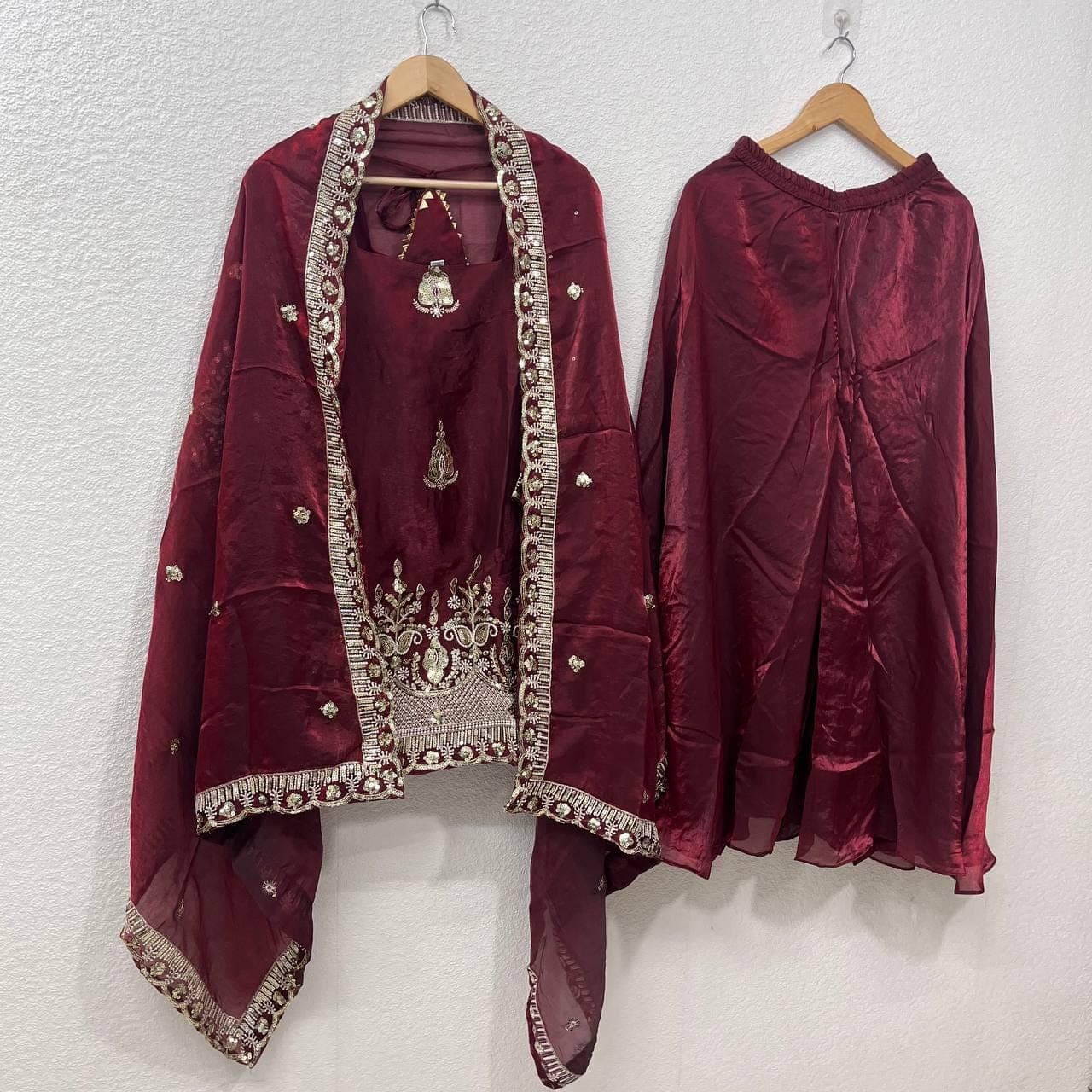 Designer Maroon Fandy Silk Suit for Women Heavy Embroidery Sequins Work Ready to Wear Party Wear Ethnic Sharara Palazzo Outfit - image 3