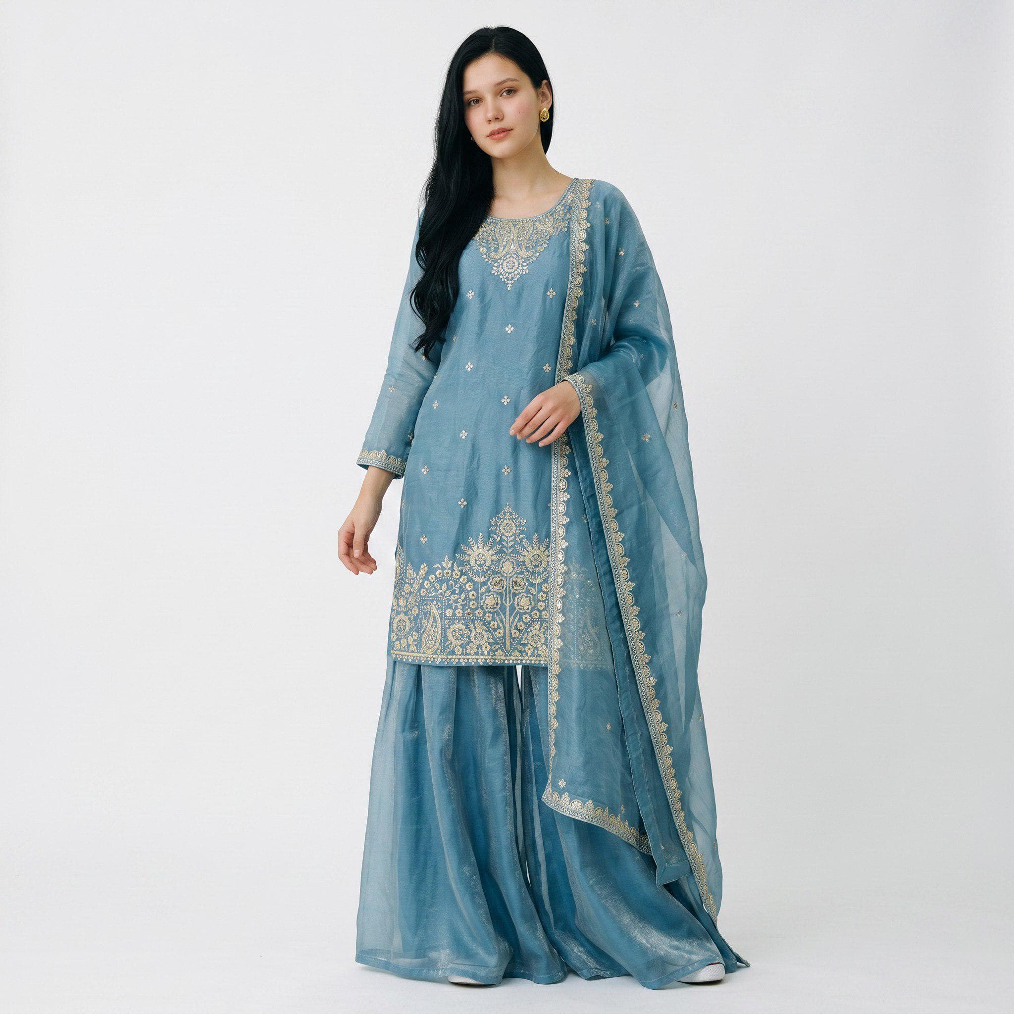 Fandy Silk Palazzo Suit ,Sky Embroidery Sequins kurti Palazzo ,Wedding\Party Indian Ethnic Wear Sharara Palazzo, Kurti Palazo Wedding Outfit