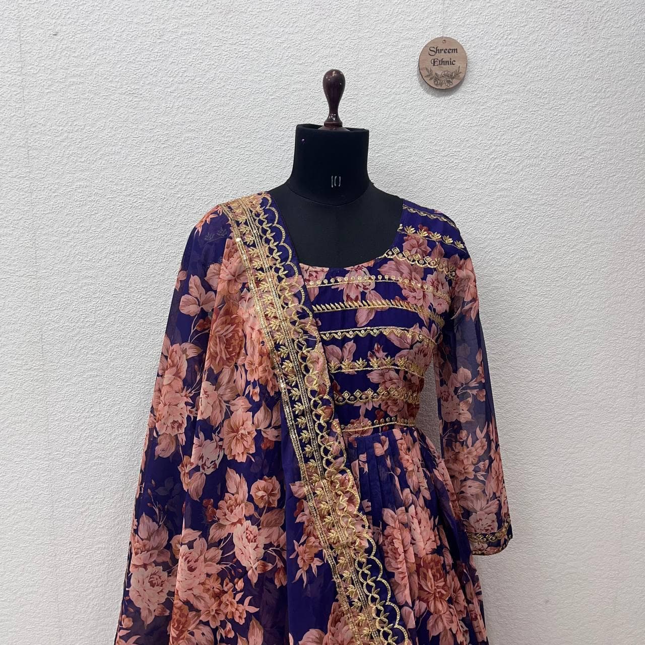 Floral Anarkali Gown with Dupatta: Embroidered Sequins, Indian Party Wear - image 3