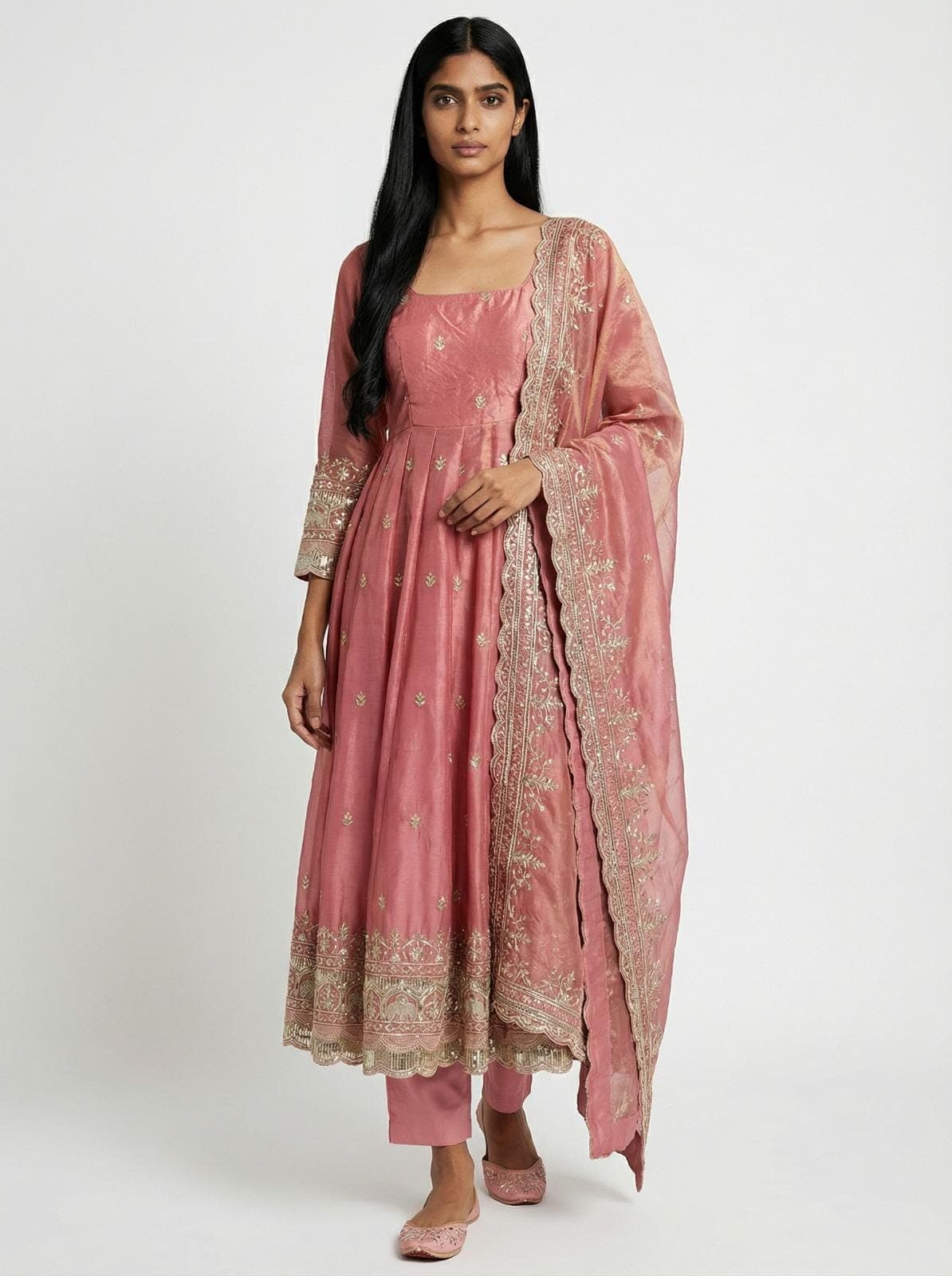 Designer Anarkali Suit Peach Fandy Silk Embroidery Sequins Work Indian Ethnic Party Wedding Ready to Wear Salwar Kameez Anarkali Suit