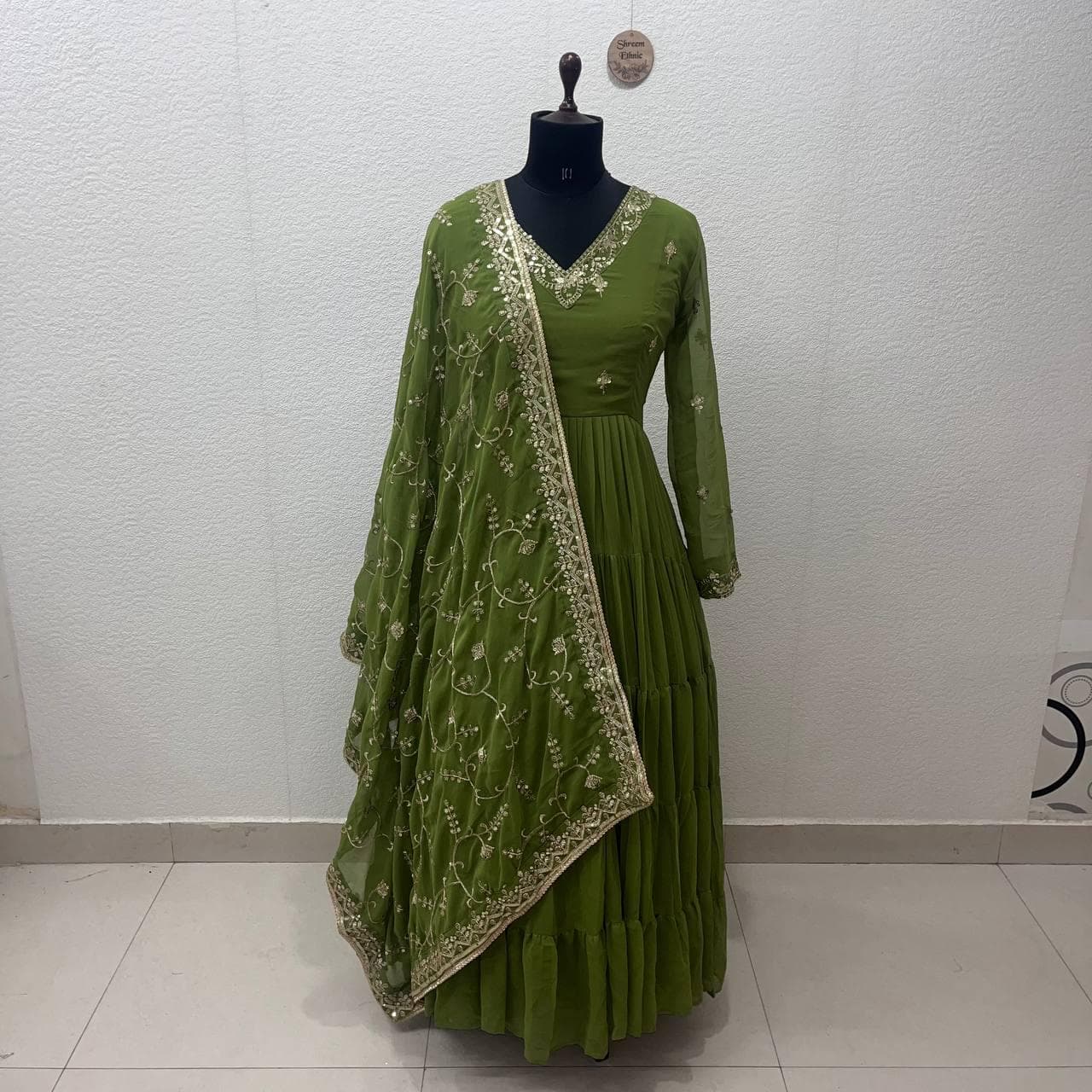 Green Embroidered Anarkali Gown with Dupatta, Indian Wedding Dress - image 5