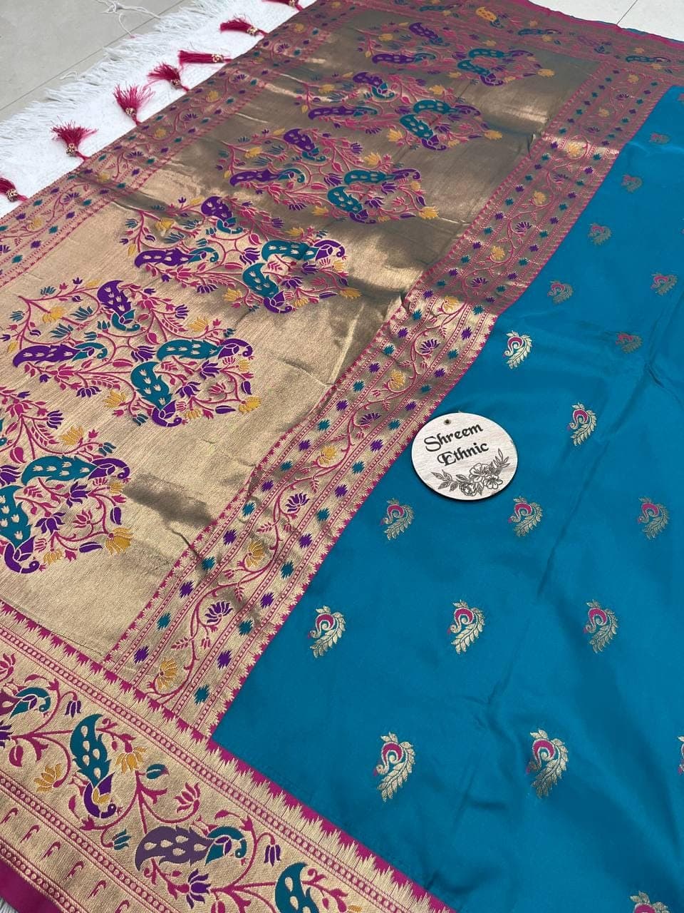 Designer Paithani Silk Saree | Peacock Zari Border, Handwoven - image 5