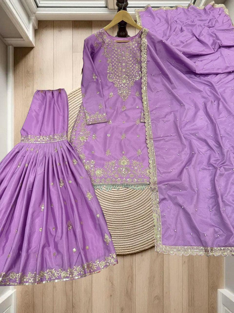 Purple Chinon Kurti Palazzo Set, Designer Moti Work Indian Ethnic Wear - image 4