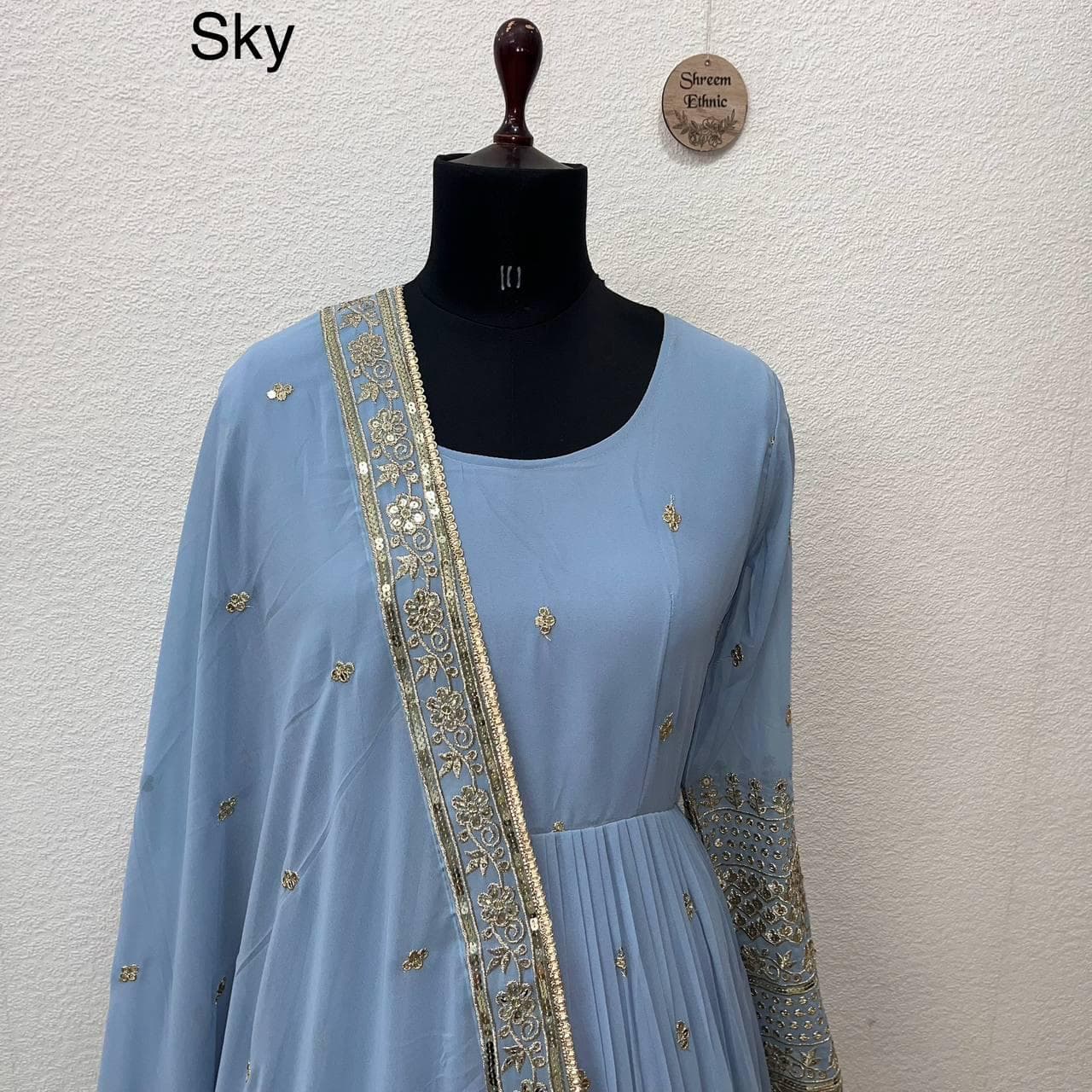 Dusty Blue Faux Georgette Anarkali Gown | Embroidered Bollywood Dress - image 4