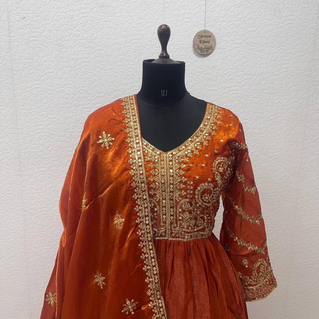 Orange Indian Wedding Anarkali Gown with Embroidered Dupatta - image 5