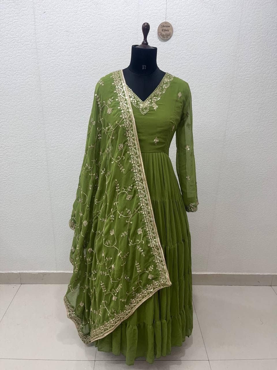 Green Embroidered Anarkali Gown with Dupatta, Indian Wedding Dress - image 4