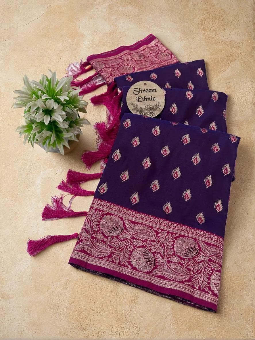 Golden Zari Banarasi Silk Saree | Meenakari Pallu & Tassels