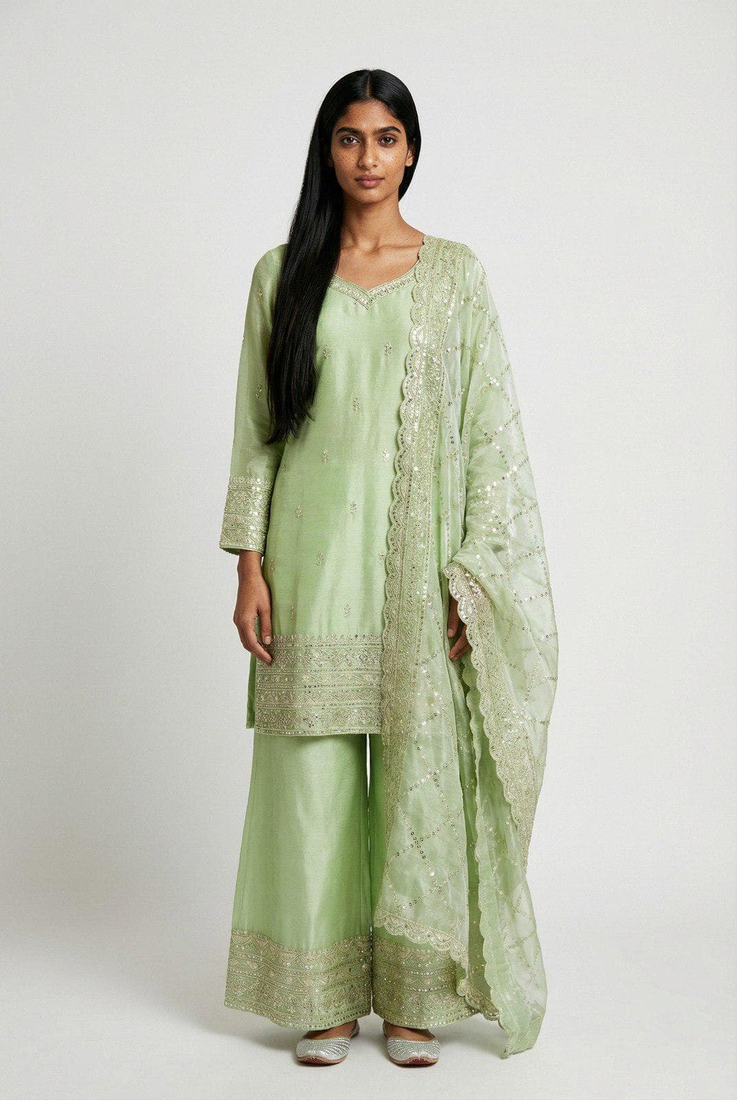 Green Silk Palazzo Suit: Embroidered Kurta, Sequins Dupatta (Ready to Wear)