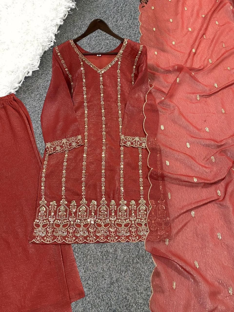 Crunchy Silk Palazzo Kurti Set, Wedding Party Wear Palazzo Suit, Beads Sequin Embroidery Kurta Dupatta, Indian Ethnic Designer Palazzo - image 4