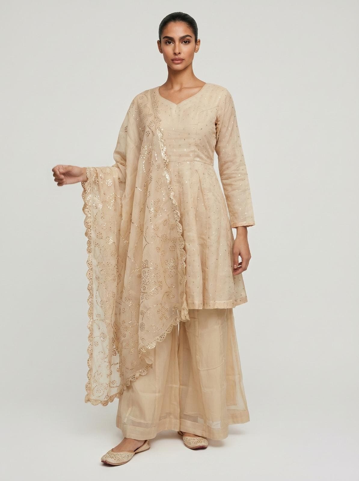Indian Sharara Palazzo Suit, Beige Organza Silk Foil Work, Bridal Wedding Wear, Ethnic Sharara Set, Abaya Style Kurta Palazzo Wedding Dress