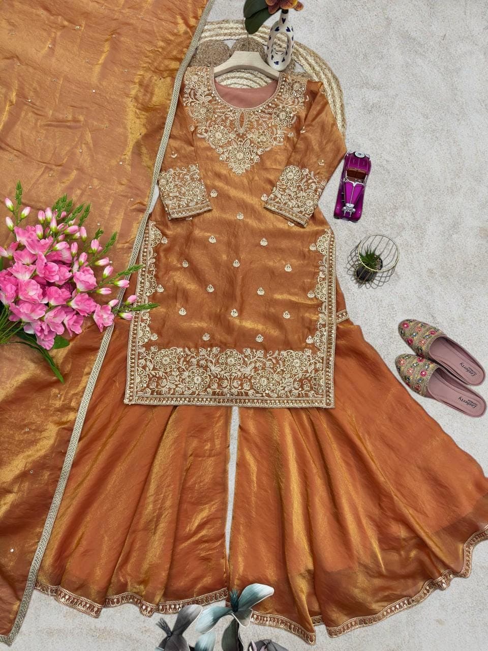 Beautiful Designer Peach Pink Salwar Kameez with Dupatta for Women, Wedding Sharara, Top-Palazzo, Indian Ethnic, Pakistani Sharara Suits - image 5