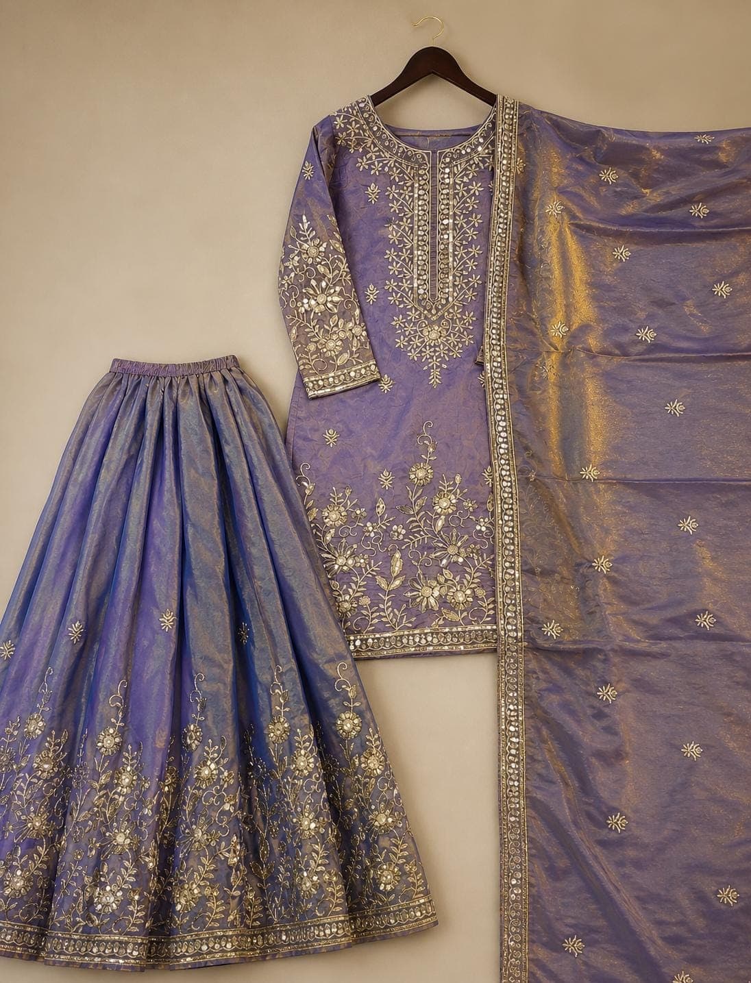 Purple Silk Palazzo Set: Sequins Embroidered Indian Sharara Outfit - image 5