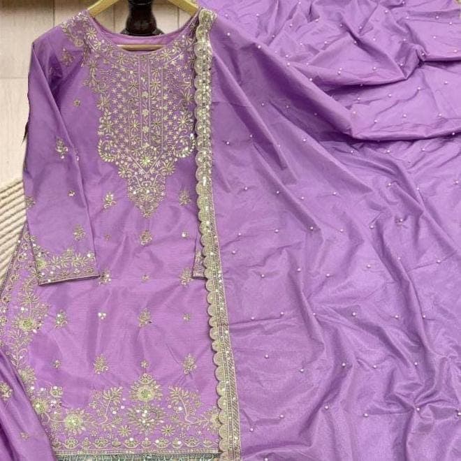 Purple Chinon Kurti Palazzo Set, Designer Moti Work Indian Ethnic Wear - image 3