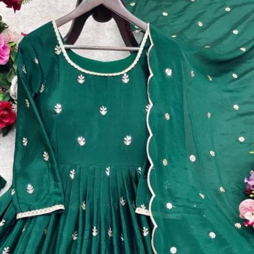 Chinon Silk Anarkali Suit Set with Dupatta, Mirror Work Sequins Embroidery Anarkali Gown, Indian Wedding Party Outfit, Ready to Wear Dress - image 3