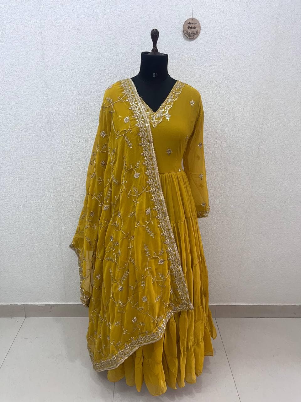 Yellow Georgette Anarkali Gown with Sequins Dupatta - image 3