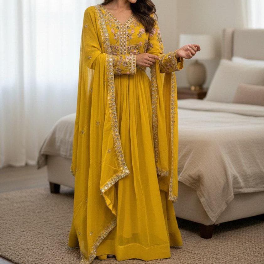 Yellow Georgette Anarkali Gown with Zari Sequins Embroidery, Wedding Ethnic Outfit