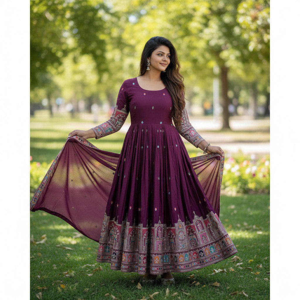 Anarkali Gown Women Chinon Silk Embroidery Indian Ethnic Wedding Designer Dress