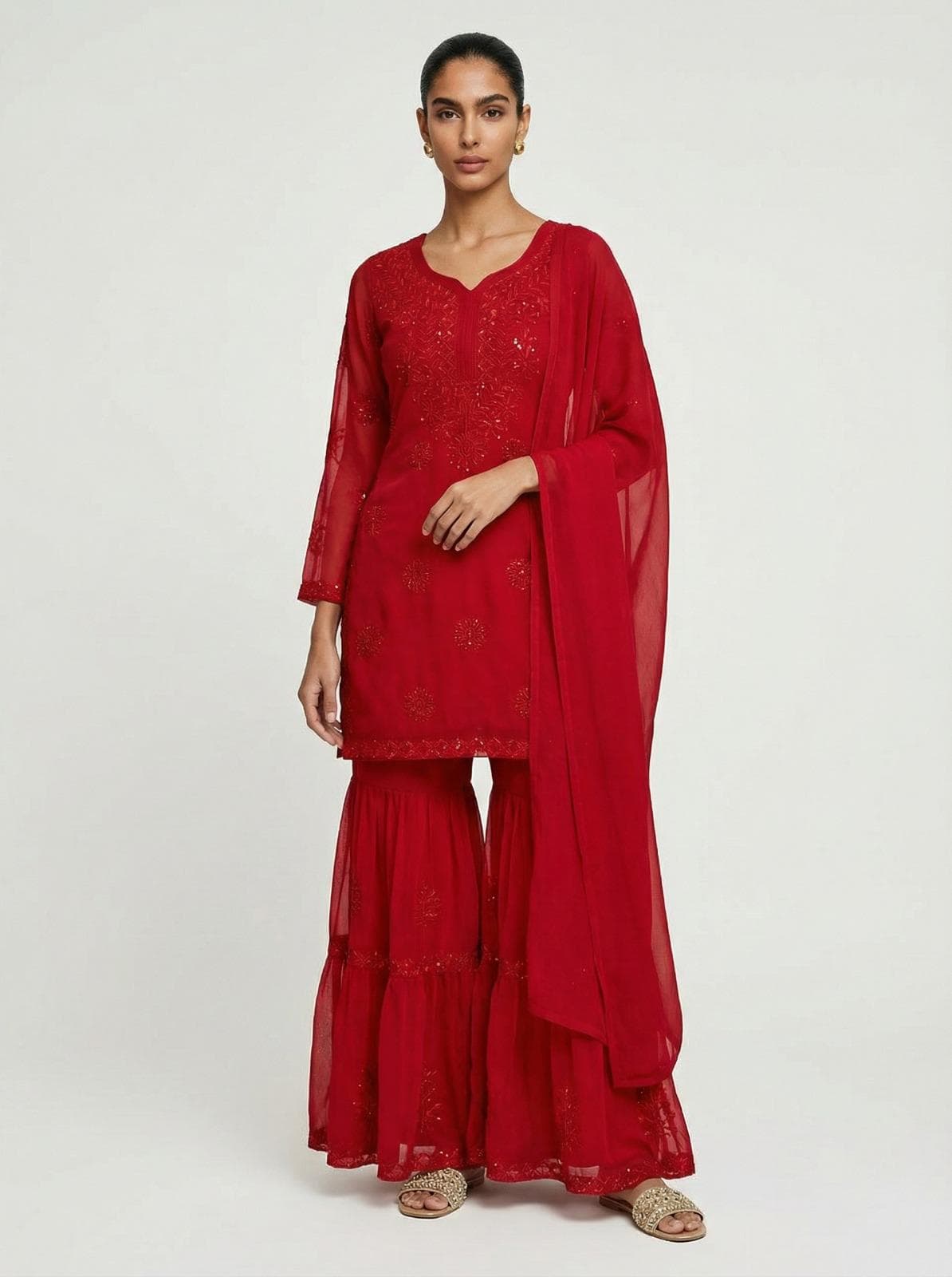 Designer Red Gorgette Sharara Suit For Women, Sequins Embroidery work Palazzo Suit Ethnic Indian Sharara Party Wear Pakistani Sharara Dress