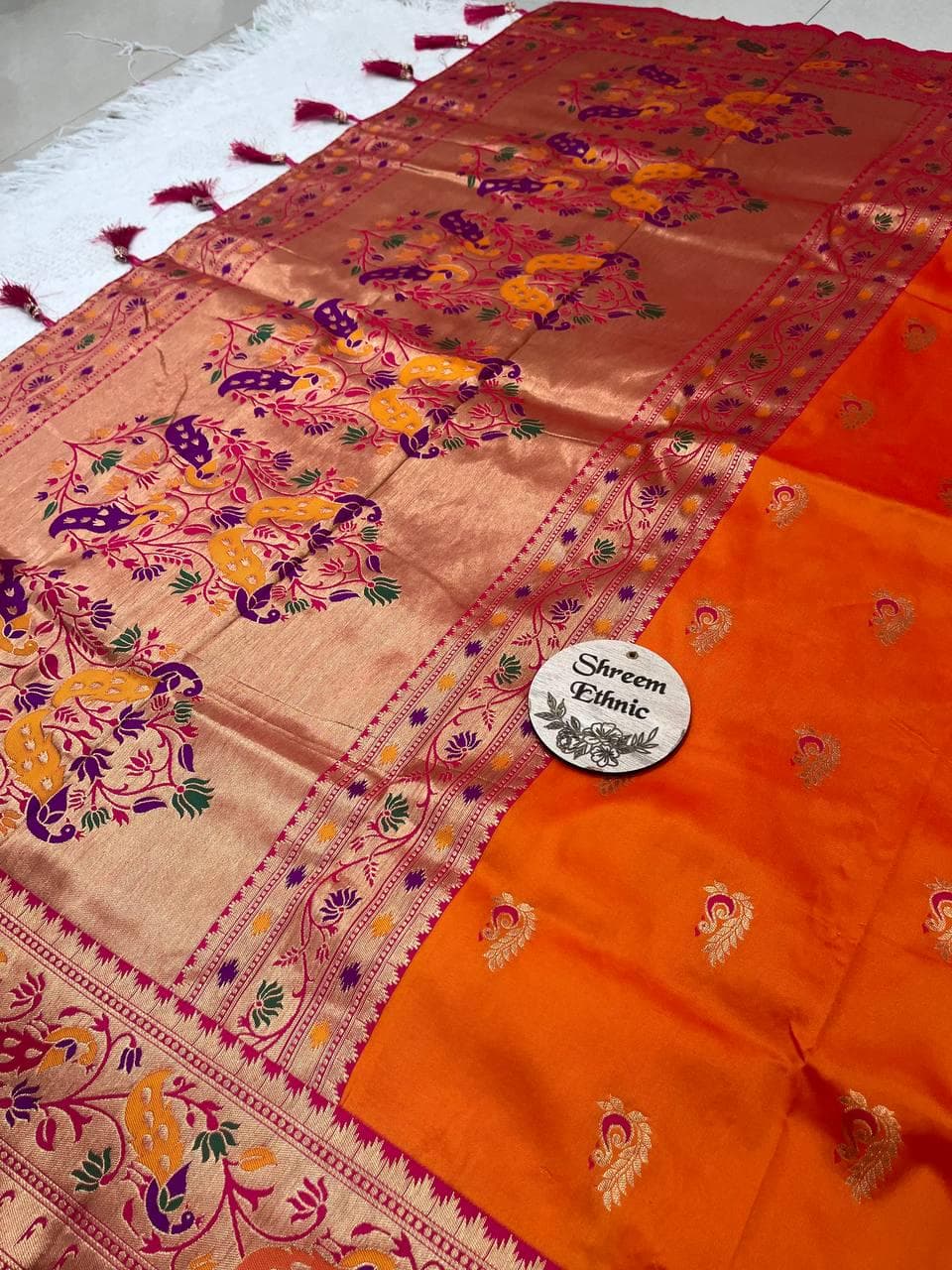 Handmade Paithani Silk Saree: Meenakari Peacock Pallu, Maharastrian Wedding - image 5