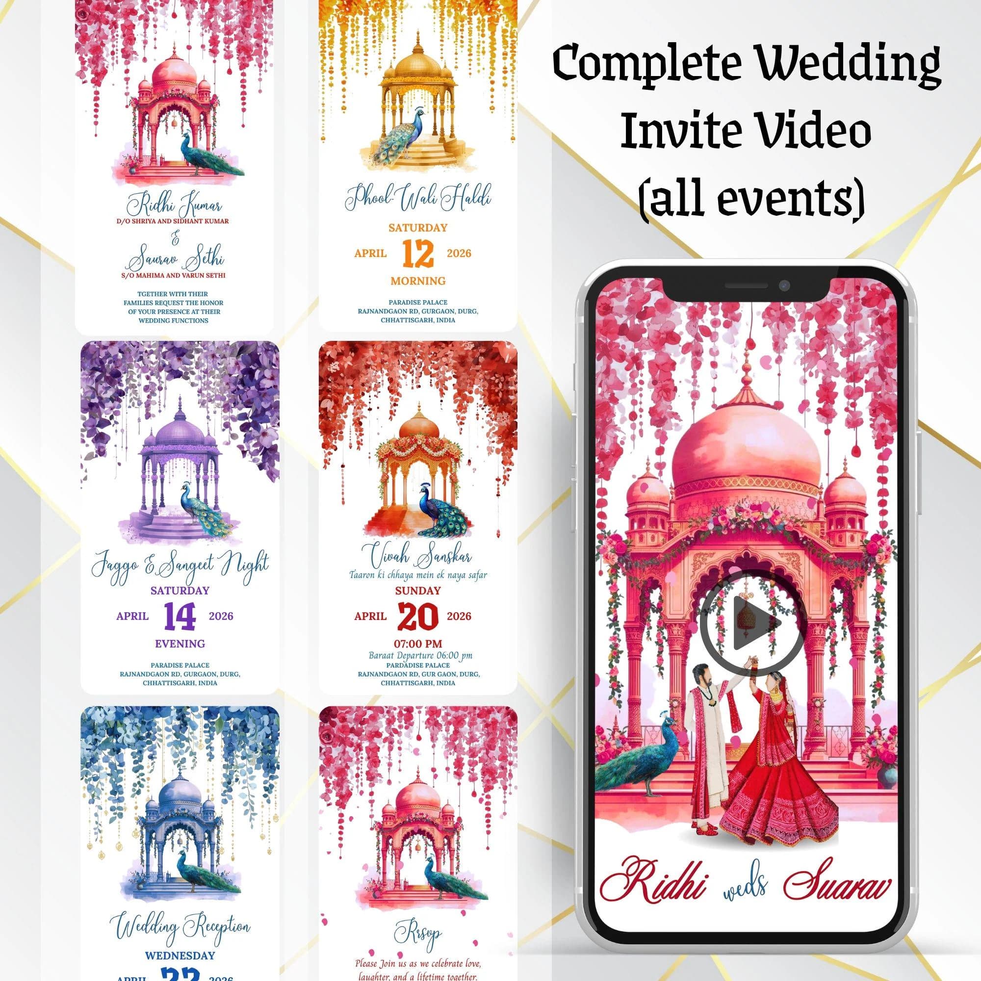 Watercolor Indian Wedding Video Invitation, Animated Multi Event card, Editable Template, Baraat Haldi Mehndi Sangeet Reception E-Invite MP4
