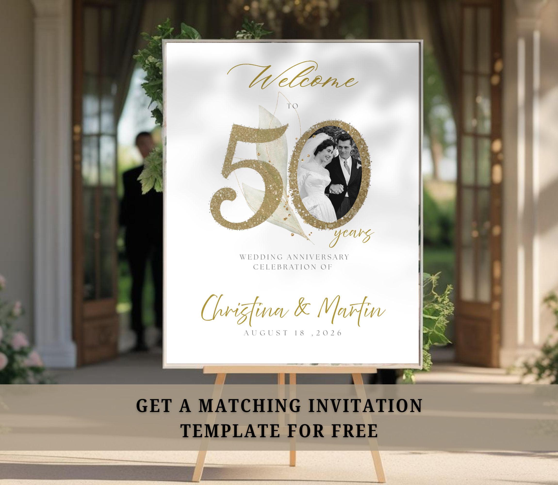 50th Wedding Anniversary Welcome sign | Editable Photo Template | Personalized poster | Canva Digital Download