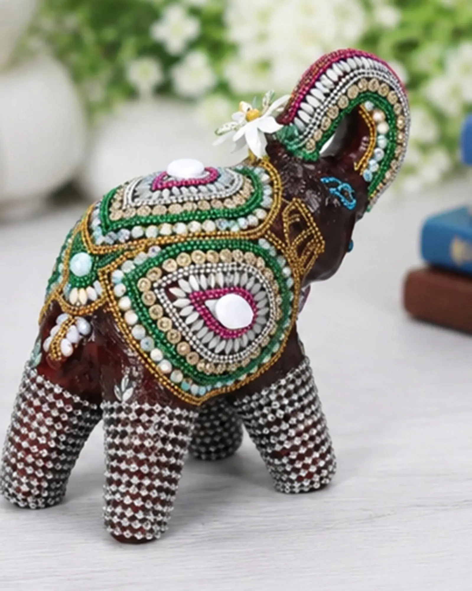 White Hand Painted Elephant Stool, Indian Folk Art Elephant Table, Colorful Wooden Decoration - image 3