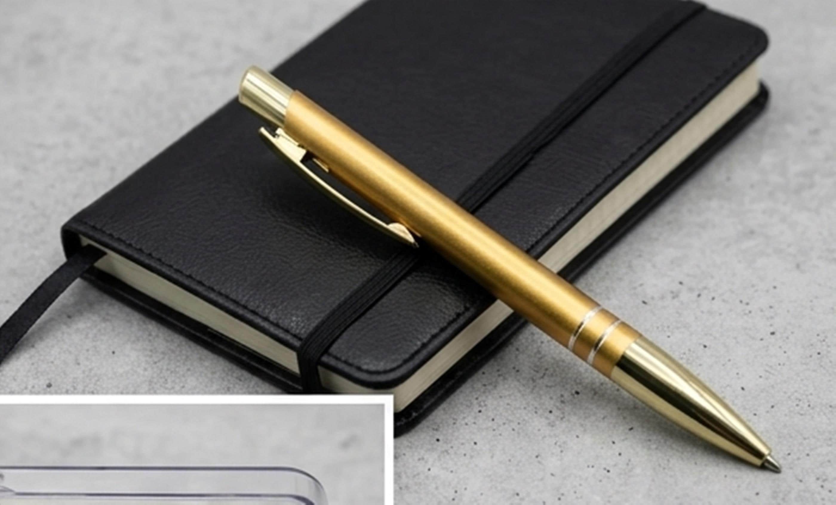 Luxury Gold Metal Ballpoint Pen with Black Leather Notebook, Executive Writing Set