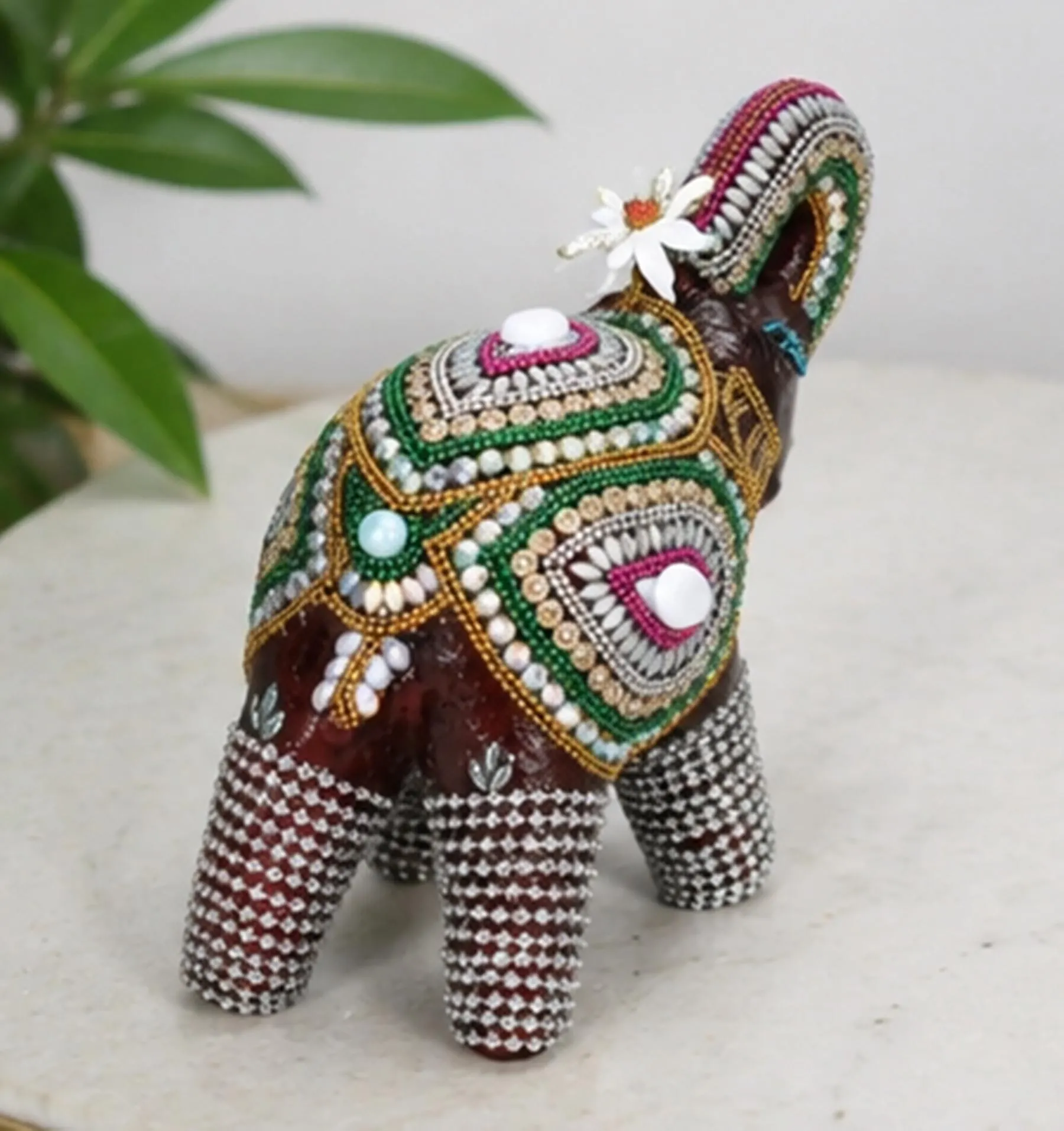 White Hand Painted Elephant Stool, Indian Folk Art Elephant Table, Colorful Wooden Decoration - image 5
