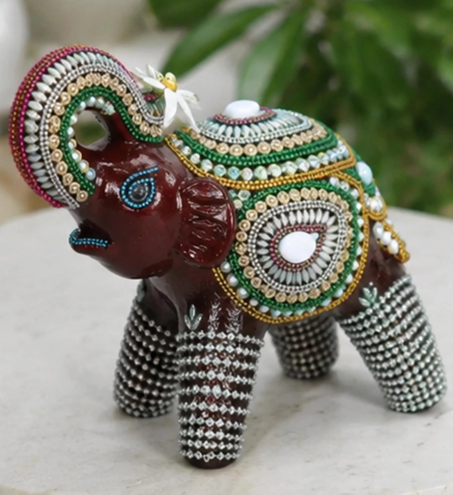 White Hand Painted Elephant Stool, Indian Folk Art Elephant Table, Colorful Wooden Decoration