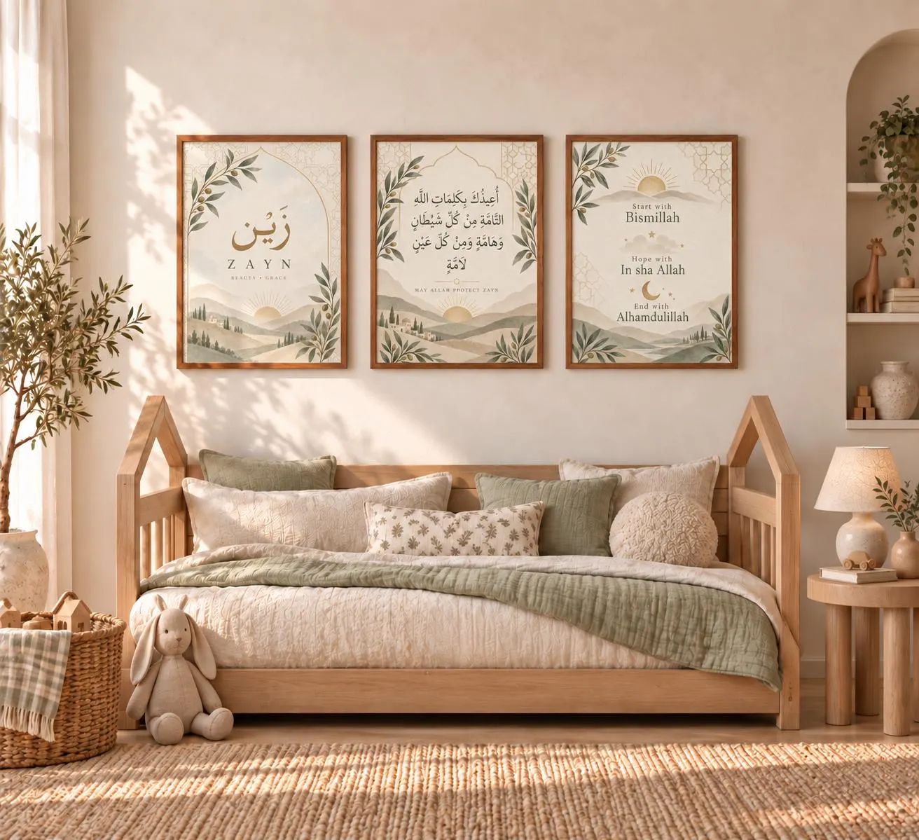 Personalised Islamic Nursery Wall Art Set, Arabic Baby Name Print, Protection Dua, Muslim Newborn or Aqiqah Gift, Neutral Nursery Decor