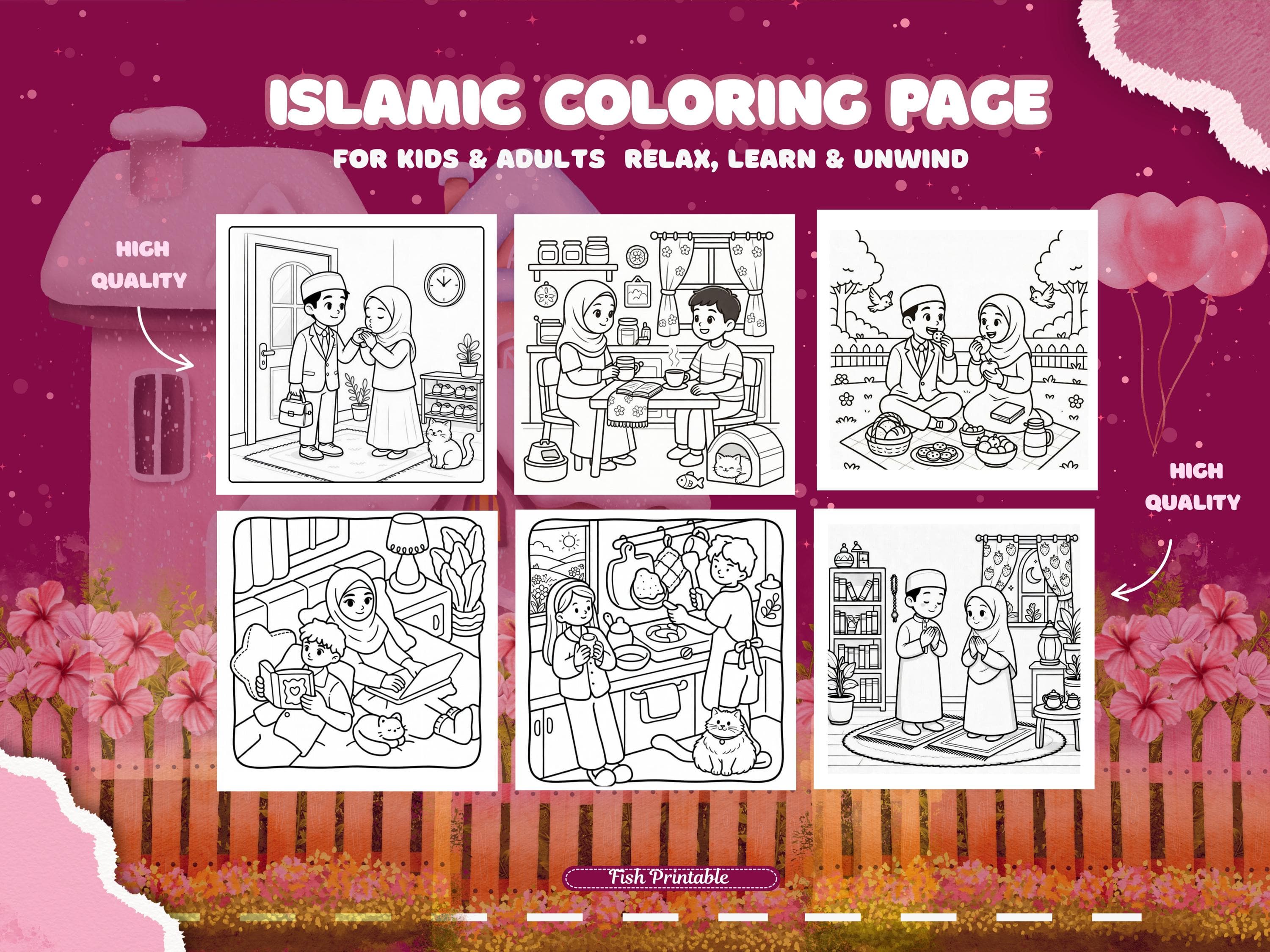 Islamic Husband Coloring Book, Cozy Muslim Couple Scenes (Digital Download) - image 5