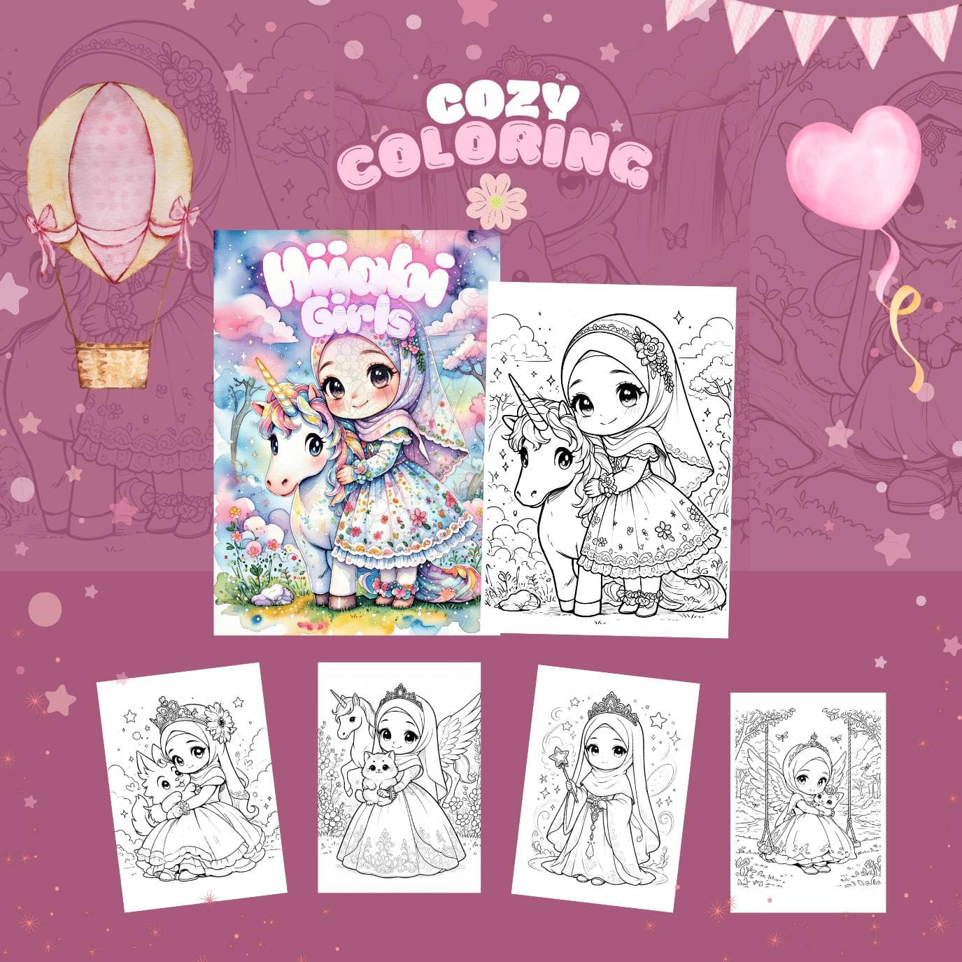 Cozy Hijabi Girls Coloring Book, Kawaii  chibii Islamic Art for Muslim Girls (Digital Download) - image 4
