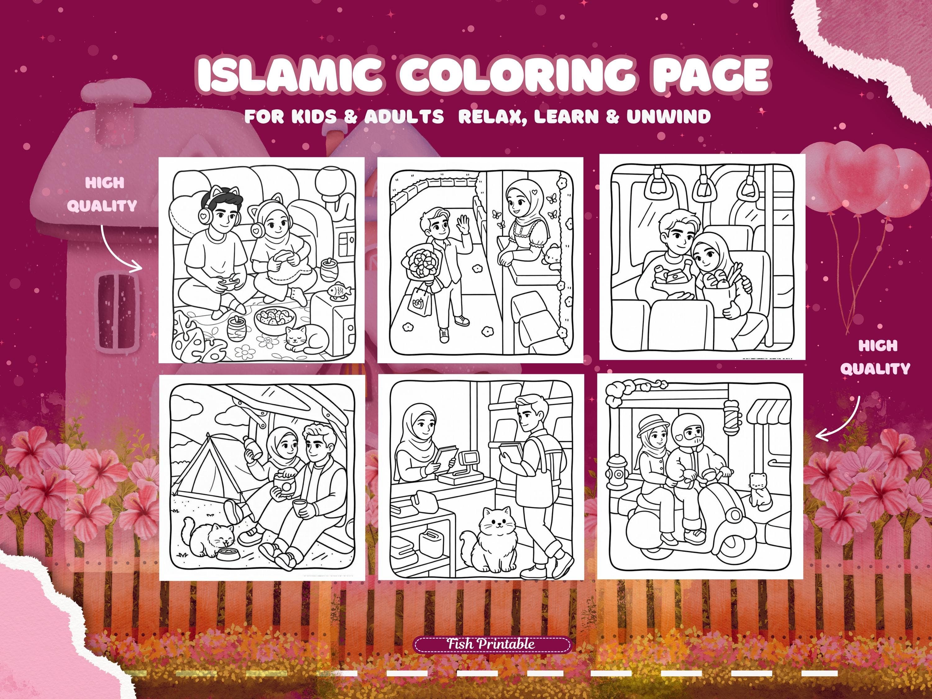 Islamic Husband Coloring Book, Cozy Muslim Couple Scenes (Digital Download) - image 4