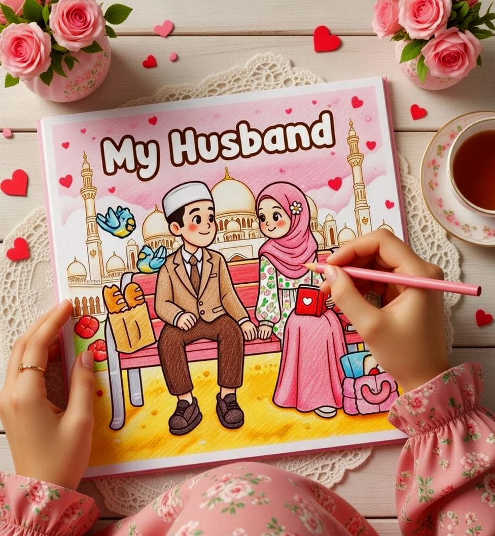 Islamic Husband Coloring Book, Cozy Muslim Couple Scenes (Digital Download) - image 3