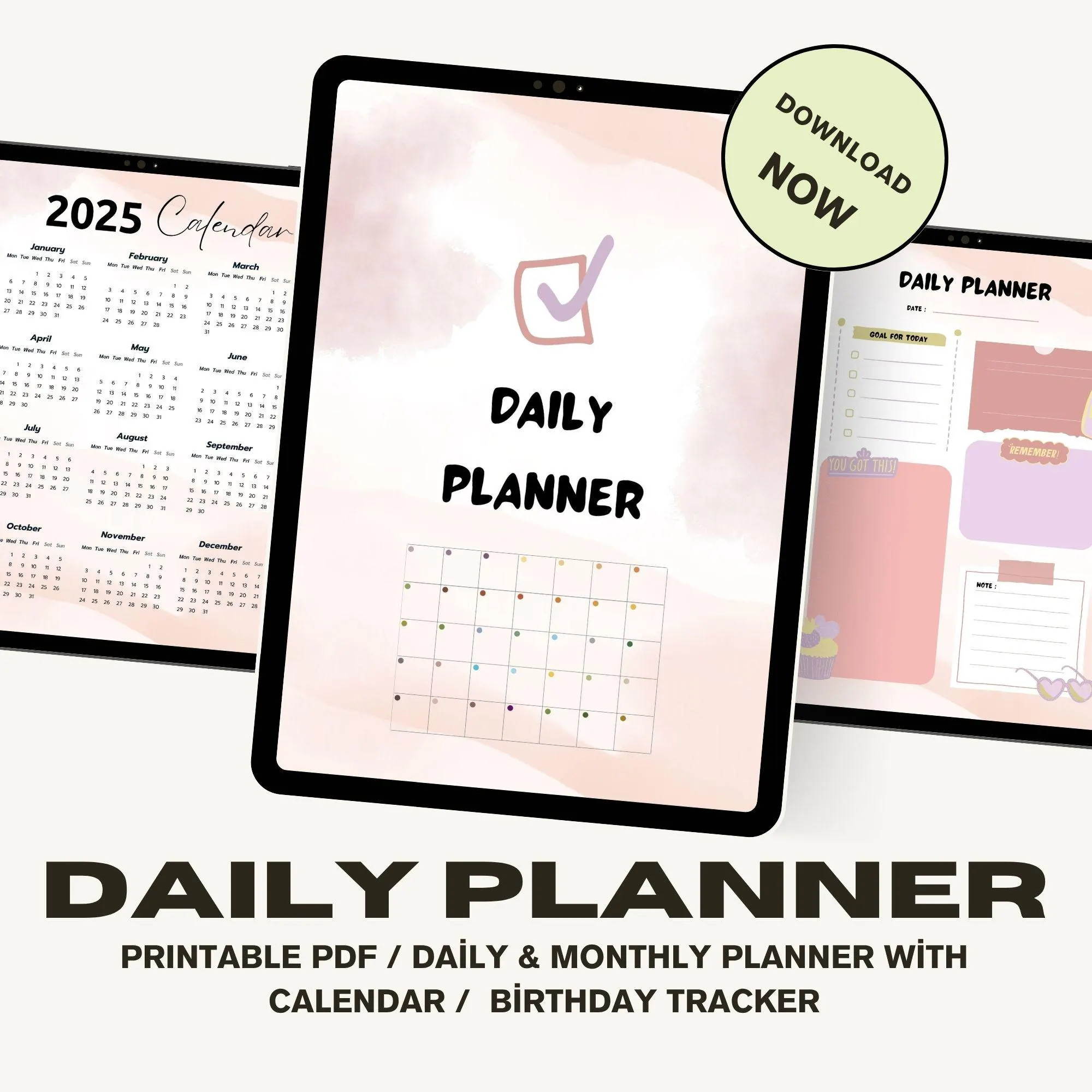 Daily Planner Printable: Monthly Calendar, Notes, Birthday Tracker (PDF Download)