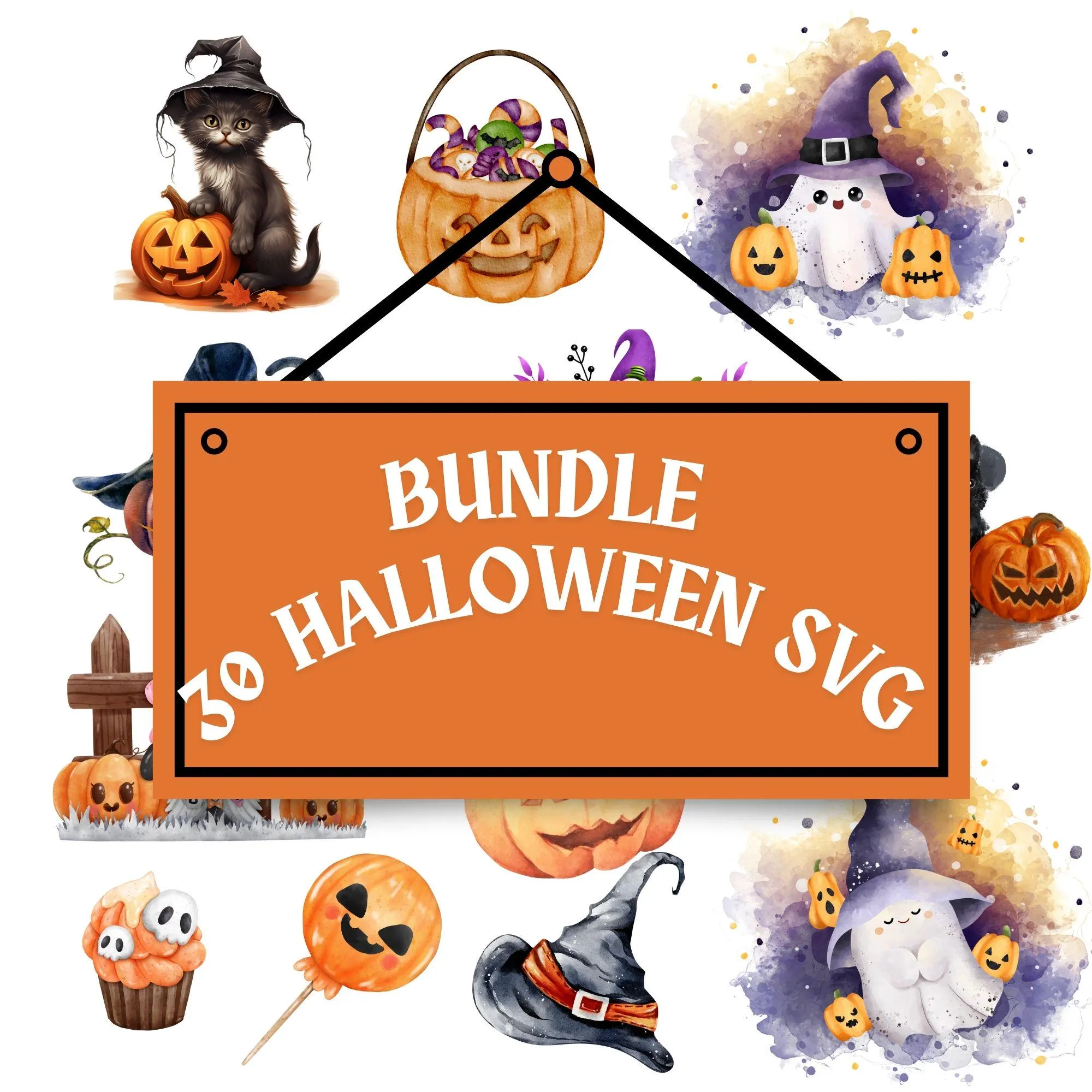 Watercolor Halloween Clipart Bundle, Cute Spooky Stickers (PNG SVG)
